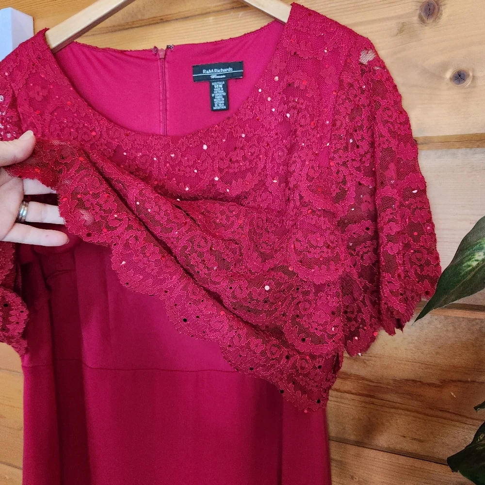 R & M Richards Dress Red‎ Lace & Sequin Overlay Chiffon Sheer Cocktail Petite 14